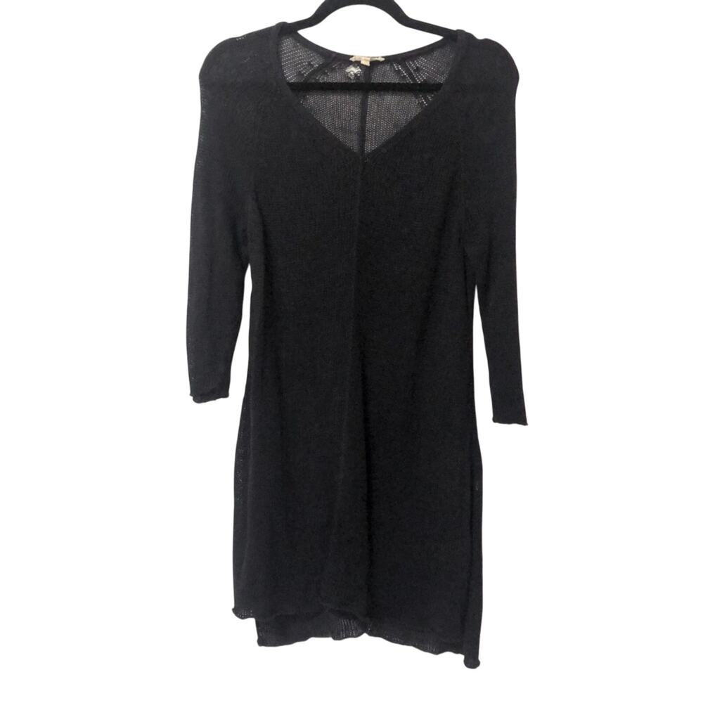 Eileen Fisher Navy Blue Open Knit Linen Dress Womens S Tunic Crochet Long Sleeve